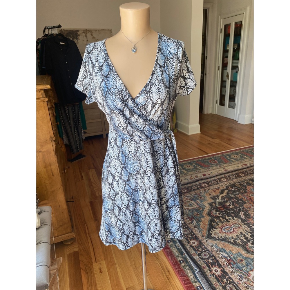 Rolla Coster Womens Blue Snakeskin Print Wrap Mini Dress Short Sleeve Medium